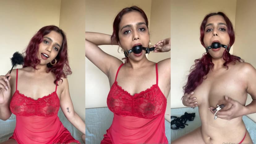 Thumbnail for Psyflora Tara Kundale Nude BDSM in Kinky Red Lingerie, Ball Gag & Nipple Clamps